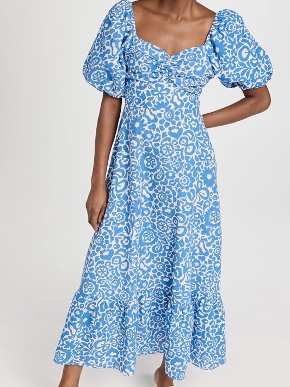 NWOT English Factory Blue and White Floral Maxi Dress with Puff Sleeves
